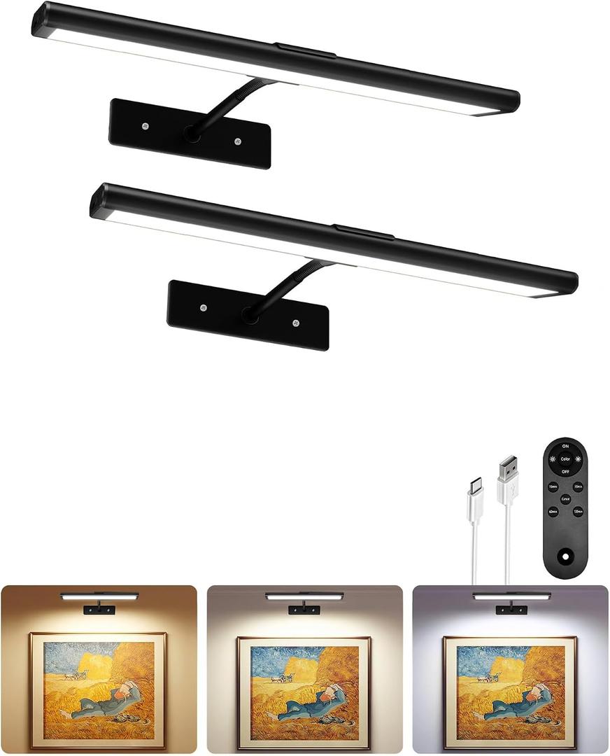 EZVALO Picture Light for Wall, 13'' Black Rechargeable 4800mAh Battery Lights Wireless Remote, Dimmable Magnetic LED Art Painting Light with 3 Color Temperatures, Display for Gallery, Living Room(2P)