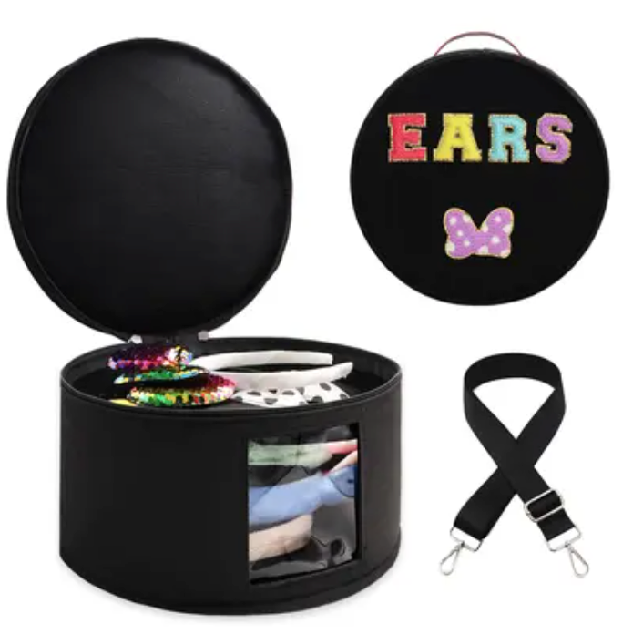 Heaband Holder Organizer, Large Round Tiara Tote Storage Box, Headband Ears Display Storage Box with Shoulder Straps for Hairband, Tiara and Hair Accessories Storage Travel Picnic Park (Black)
