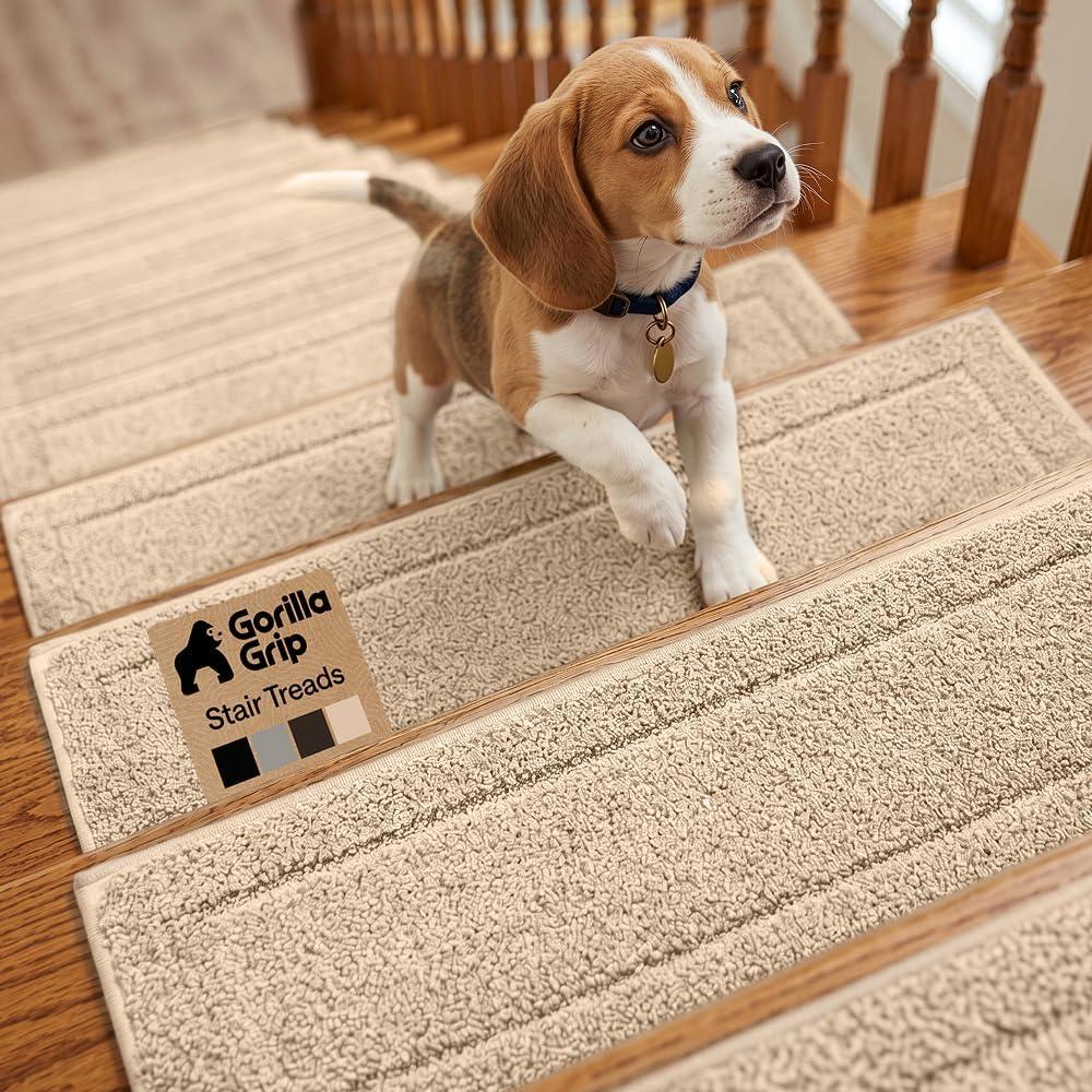 GORILLA GRIP Stair Treads for Wooden Steps,12 Pack Peel and Stick, Multi-Surface Use, Machine Washable Carpet Runners, Indoor Rugs for Stairs, Pet Friendly, Universal Size, Beige, 8x28 Inches