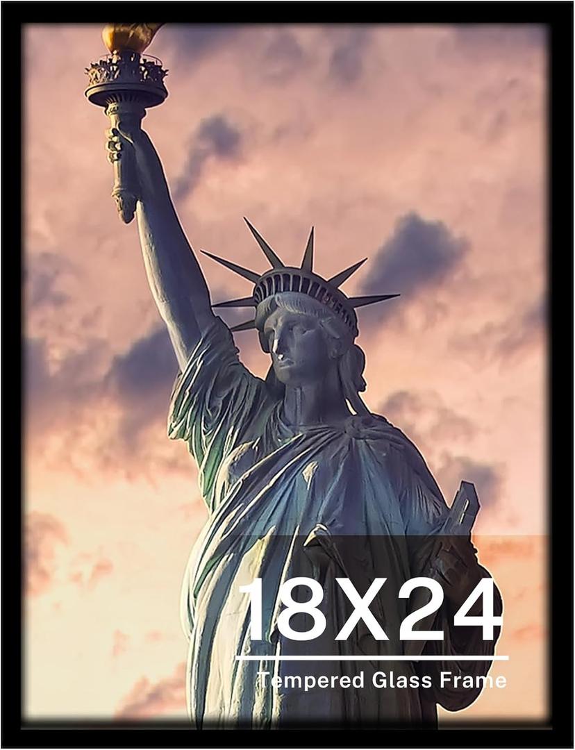 ONE WALL Tempered Glass 18x24 Poster Frame, Black Wood Photo Picture Frame for Wall Vertically or Horizontally Display - Mounting Hardware Included