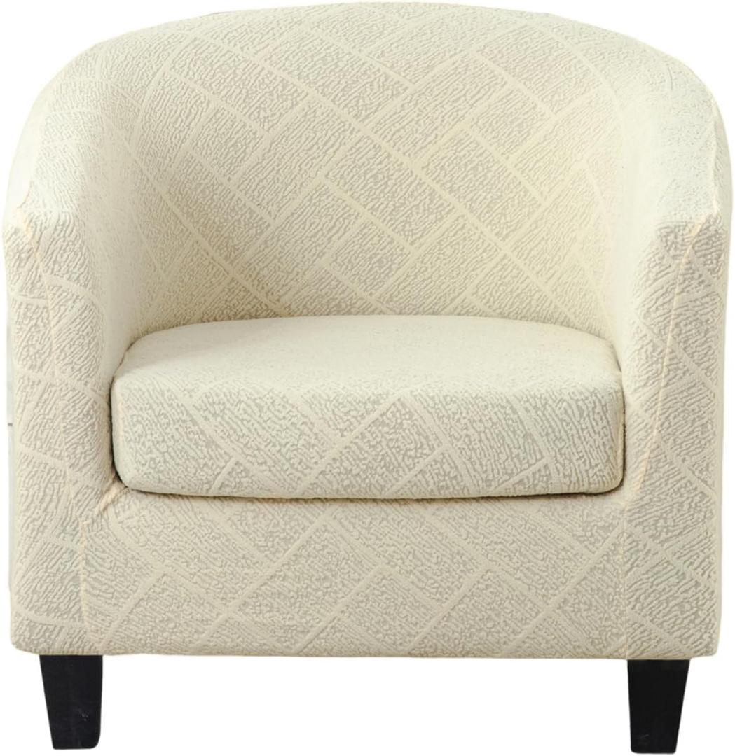 Club Chair Slipcover 2 Piece Jacquard Round Barrel Chair Covers Soft Stretch Tub Chair Slipcover Armchair Covers Furniture Protector for Living Room Hotel Counter Cafe (Jacquard Beige)