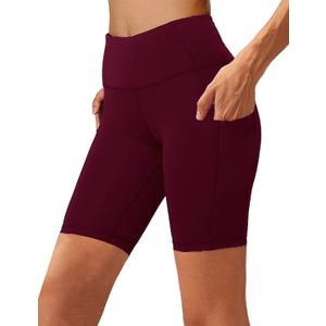 Aoliks Biker Shorts Women with Pockets - 8" High Waisted Tummy Control Running Workout Spandex Gym Volleyball Yoga Shorts (Large, 1 Wine Red)
