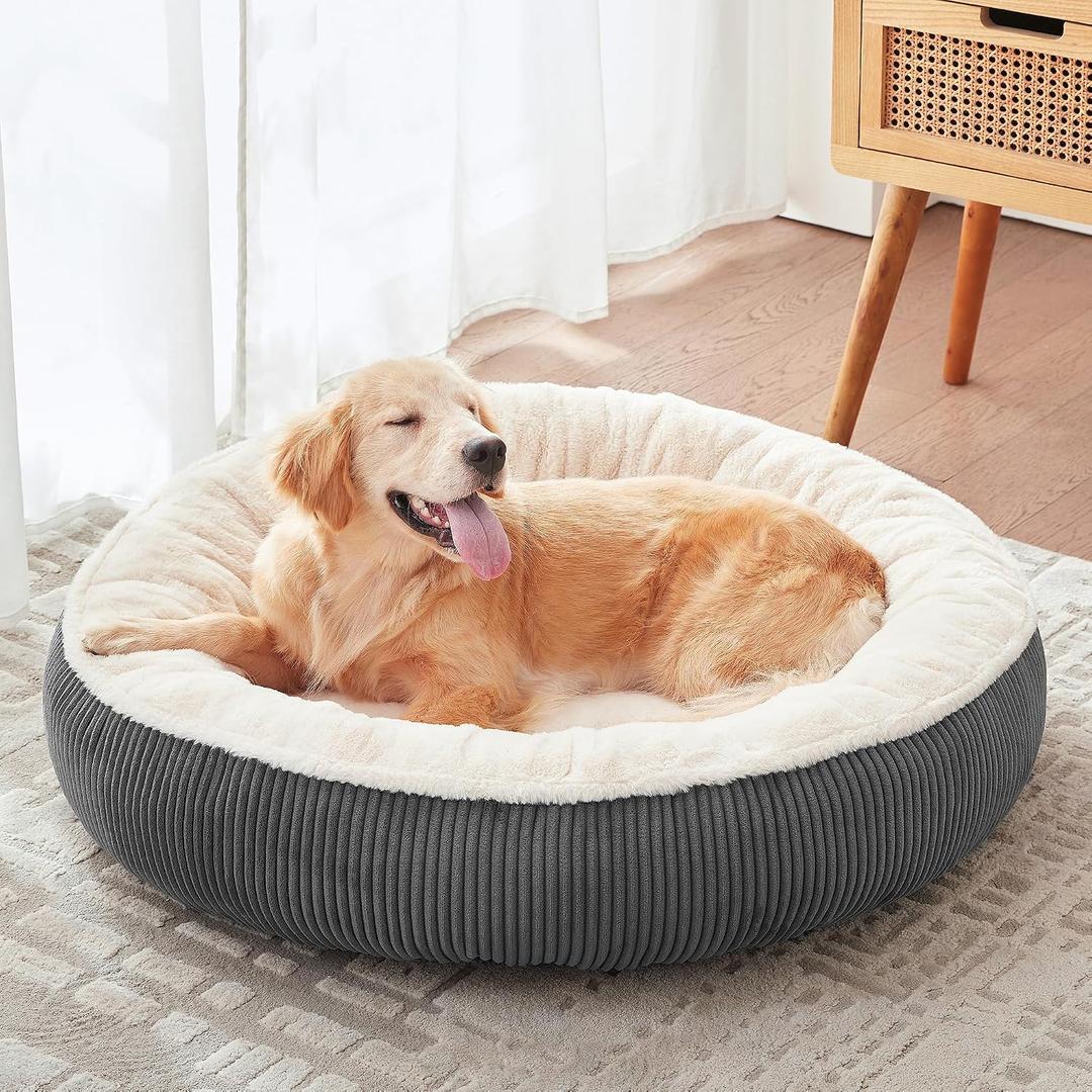 36 inches Donut Dog Bed for Large Dogs - Calming Round Pet Bed with Removable&Washable Cover, Plush Faux Fur & Corduroy, Fits Pets up to 80 lbs(Dark Grey, Large)