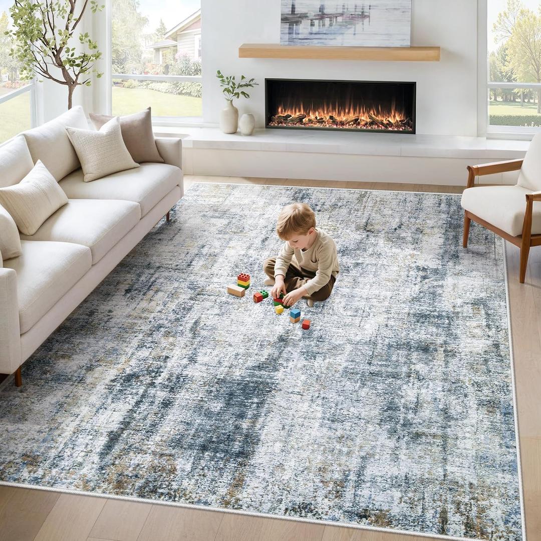 6x9 Area Rug for Living Room: Washable Abstract Soft Rugs Non Slip Modern Stain Resistant Low Pile Carpet for Dining Room Bedroom Nursery Office (Multi Blue, 6'x9')