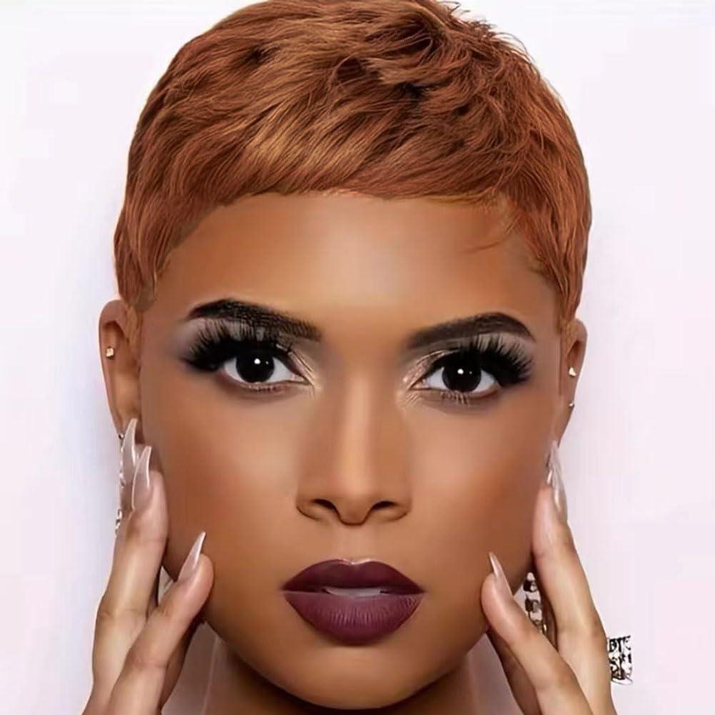 Short Pixie Cut Human Hair Wigs for Black Women Short Wigs Human Brazilian Hair Light Brown Glueless Non-Lace Wig #30 Color for African American Natural Look