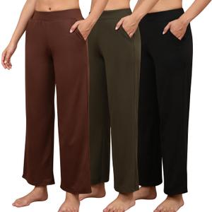 PNAEONG 3 Pack Women's Wide Leg Petite Sweatpants, Loose Fit Lounge Pants with Pocket Casual High Waist Sweatpants S (Army Green+dark Brown+black)