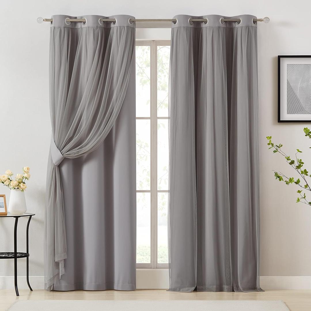 Bujasso Grey 90% Blackout Curtains with Sheer Overlay Mix and Match Double Layer Window Curtains Thermal Insulated 84 inch for Living Room Bedroom Gray Drapes with Tiebacks Grommet Top 37" Wx84 Lx2