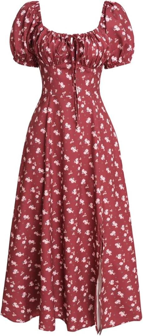RIHOAS Womens Summer Dresses Square Neck Vintage Short Sleeve Midi Dress Casual Puff A Line Chiffon Sundress (XS)