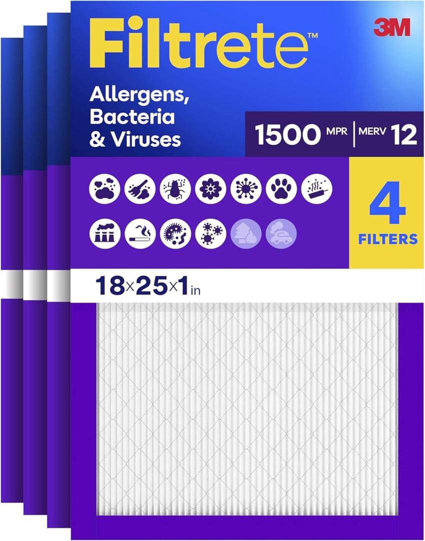 Filtrete 18x25x1 Air Filter, MERV 12, MPR 1500, Allergens, Bacteria & Viruses, 3-Month AC and Furnace Filters, Cleaner Air, Reliable Airflow, 4 HVAC Filters (Actual Size 17.81 x 24.81 x 0.78 in)