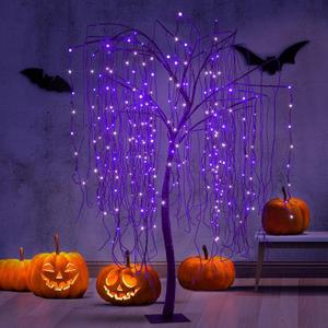 7 FT Halloween Lighted Willow Tree 256 LED Purple Lights Artificial Weeping Willow Tree with 6 Spiders Outdoor Indoor Decoration Christmas Festival Decor
