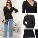 Long Sleeve Wrap Tops for Women, Ruched V Neck Wrap Top Slim Fit Business Casual Shirt Fall Outfits Black (S)