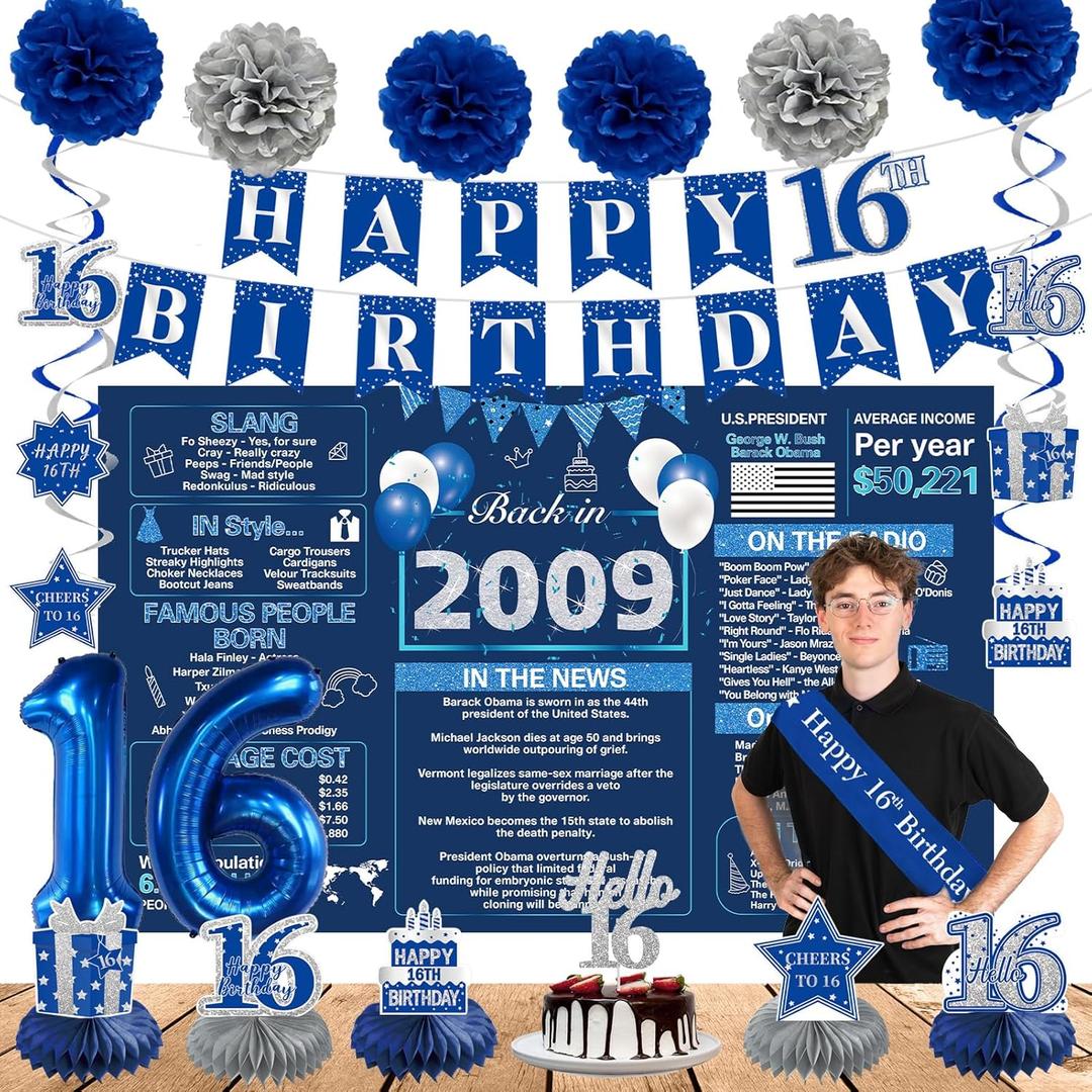 Crenics 16th Birthday Decorations for Boys or Girls - Back in 2009 Birthday Backdrop, 16th Birthday Banner, Swirls, Honeycomb, Sash, Cake Topper and Balloons for 16 Birthday Party Supplies