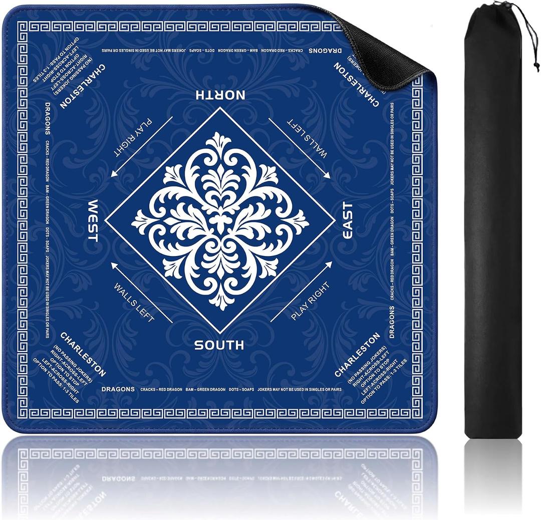 KJGNHQA Blue Mahjong Mat with Rules for Table,Roll No Creases 32.5"x32.5"