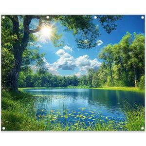Fabric 10x8ft Lake Natural Scenery Backdrop River Forest Tree Blue Sky Bokeh Background Picnic Camping Hiking Spring Outdoor Party Decorations Photoshoot Banner Props