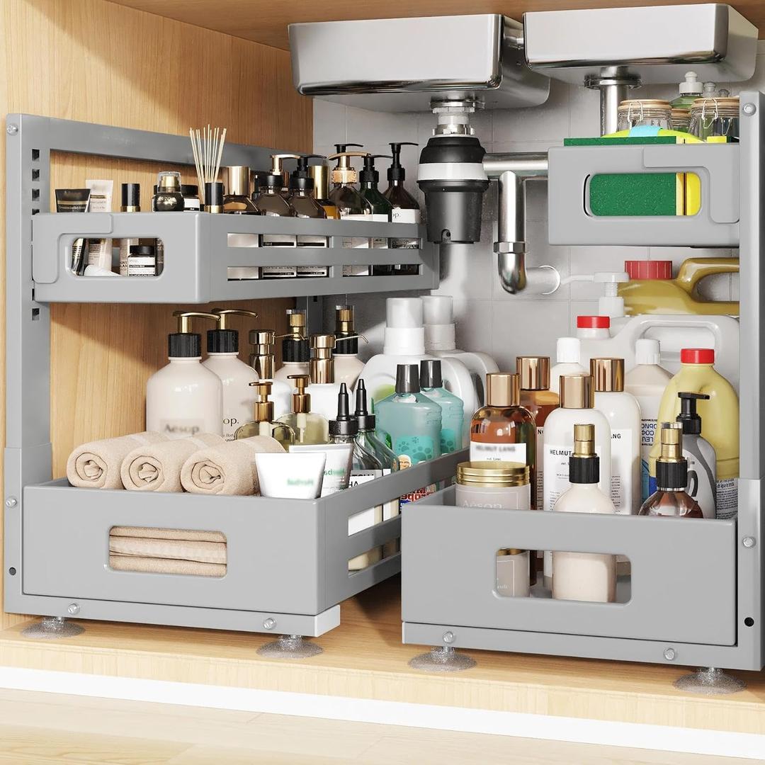 2 Pack 21IN-Depth Under Sink Organizer,Pull Out Cabinet Organizer With Smooth Cylindrical Rail,Metal Slide Out Drawer for Kitchen Bathroom Laundry,8-Level Tool Free Height Adjustable-Gun Gray, 2 Pack-21"Dx9.5"-16.7"H