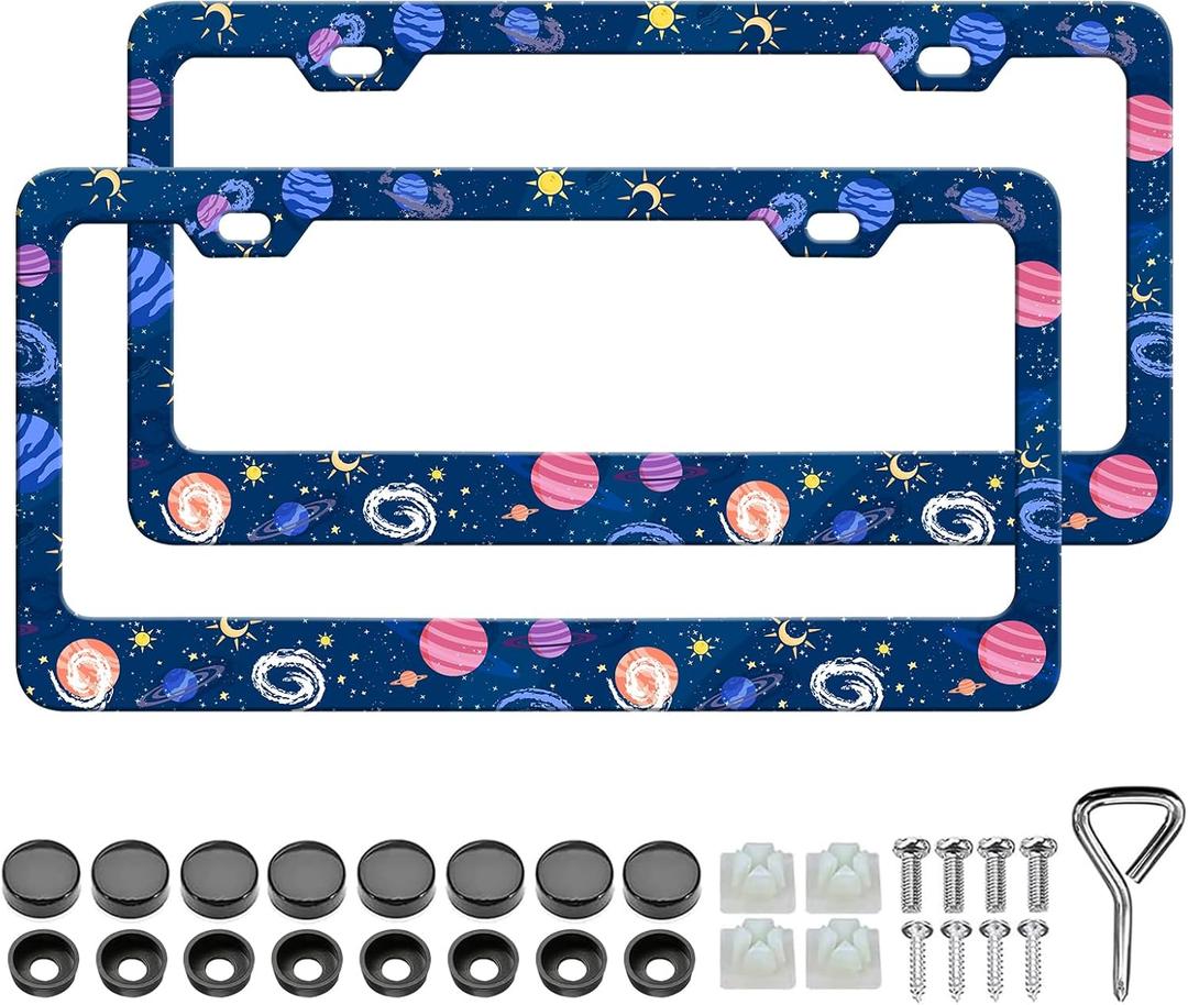 Planet License Plate Frame - 2PCS Cute Outer Space Planet Aluminum Metal License Plate Holder, Rust-Proof Waterproof Car Decorative Tag Frames for Standard Us 12x6 Inch
