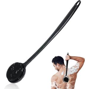 Silicone Back Scrubber for Shower, 17in Lengthen Long Handle Body Brush, Double Sided Shower Brush for Shower Exfoliating and Massage Can Produce Rich Foam, Long Handle Back Scrubber for Men (Black)