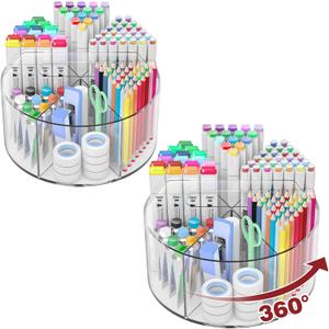 Absonic 2 Pack Acrylic Pen Organizer, 360 Rotating Clear Colored Pen and Pencil Crayon Marker Holder Caddy for Desk, Desktop Storage and Organizer for School Art Supplies