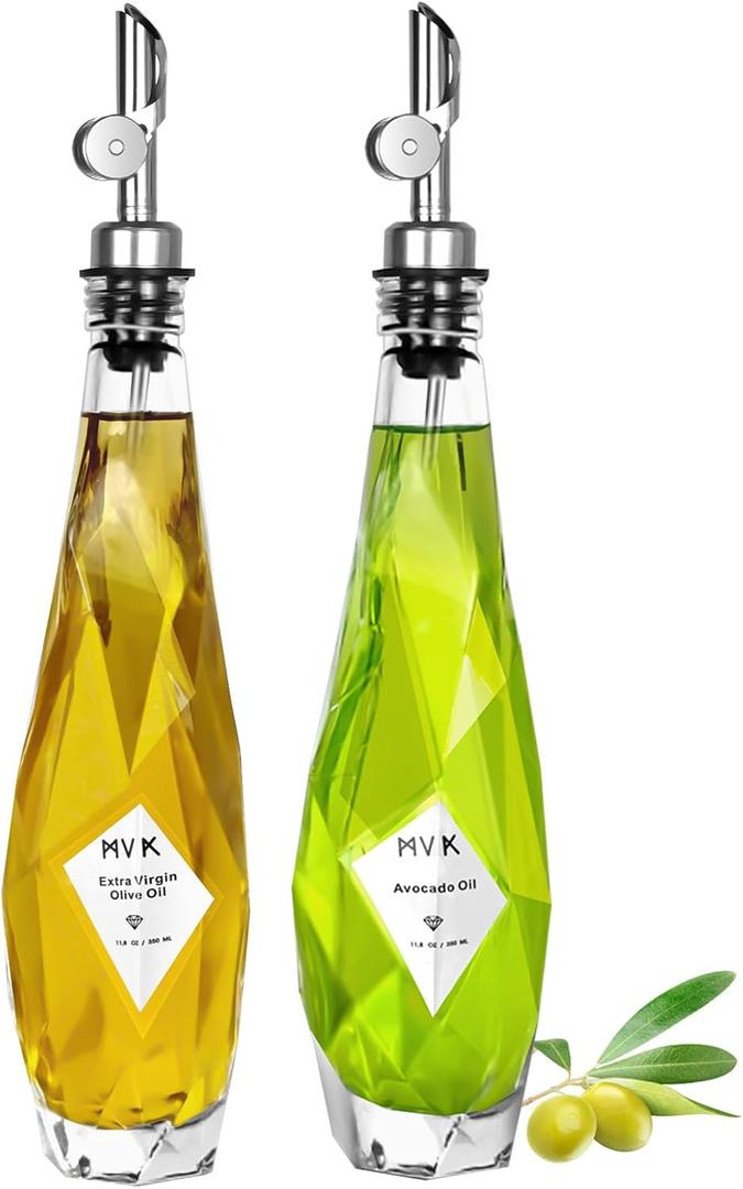 Olive Oil Dispenser Bottle for Kitchen, 11.8 oz/ 350 ml Cooking Dispenser, Vinegar Dispenser Bottle Set, Glass Oil Container with Pourer Spouts, Labels, Caps, Funnel, Diamond-Shaped (2 Pack, Silver)