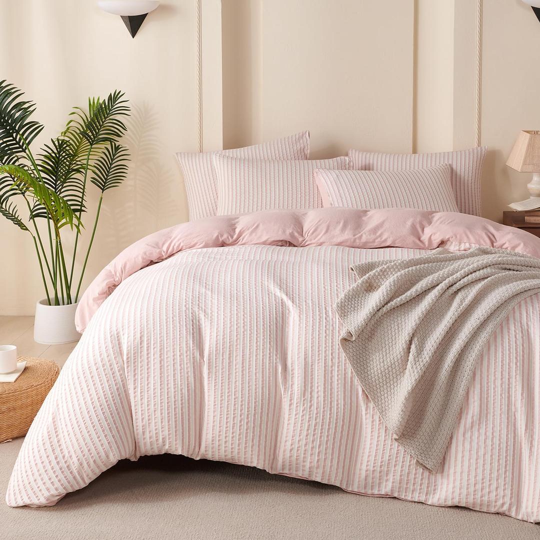 Pink Comforter Set Queen Size Striped 100% Soft Washed Microfiber Jacquard 3 Pieces Striped Bedding Sets Pink White Comforter Queen for All Seasons and 2 Pillowcases Comfort Breathable