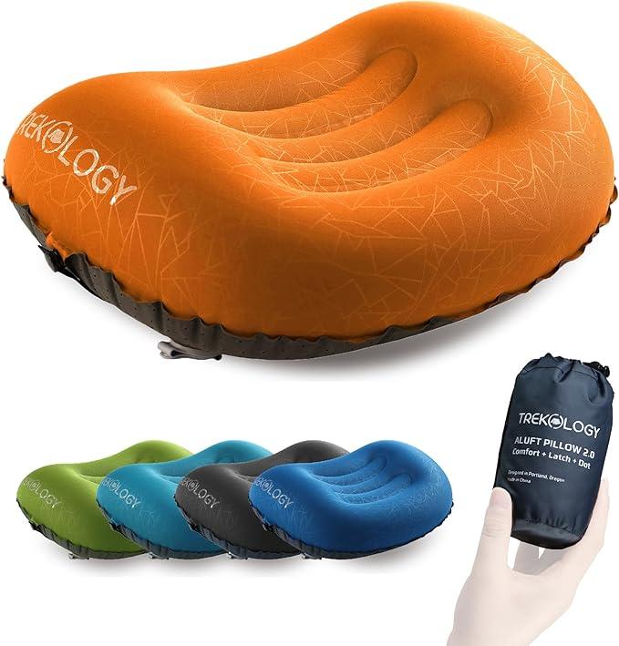 TREKOLOGY Ultralight Inflatable Camping Travel Pillow - ALUFT 2.0 Compressible, Compact, Comfortable, Ergonomic Inflating Pillows for Neck & Lumbar Support While Camp, Hiking, Backpacking (Orange)