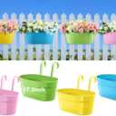 Honeydak 4 Pcs 17.3 Inch Large Metal Iron Hanging Flower Pots Outdoor Rail Planter with Detachable Hooks and Drainage Holes Deck Railing Fence Flower Buckets Plant Holder for Home (Multicolor)