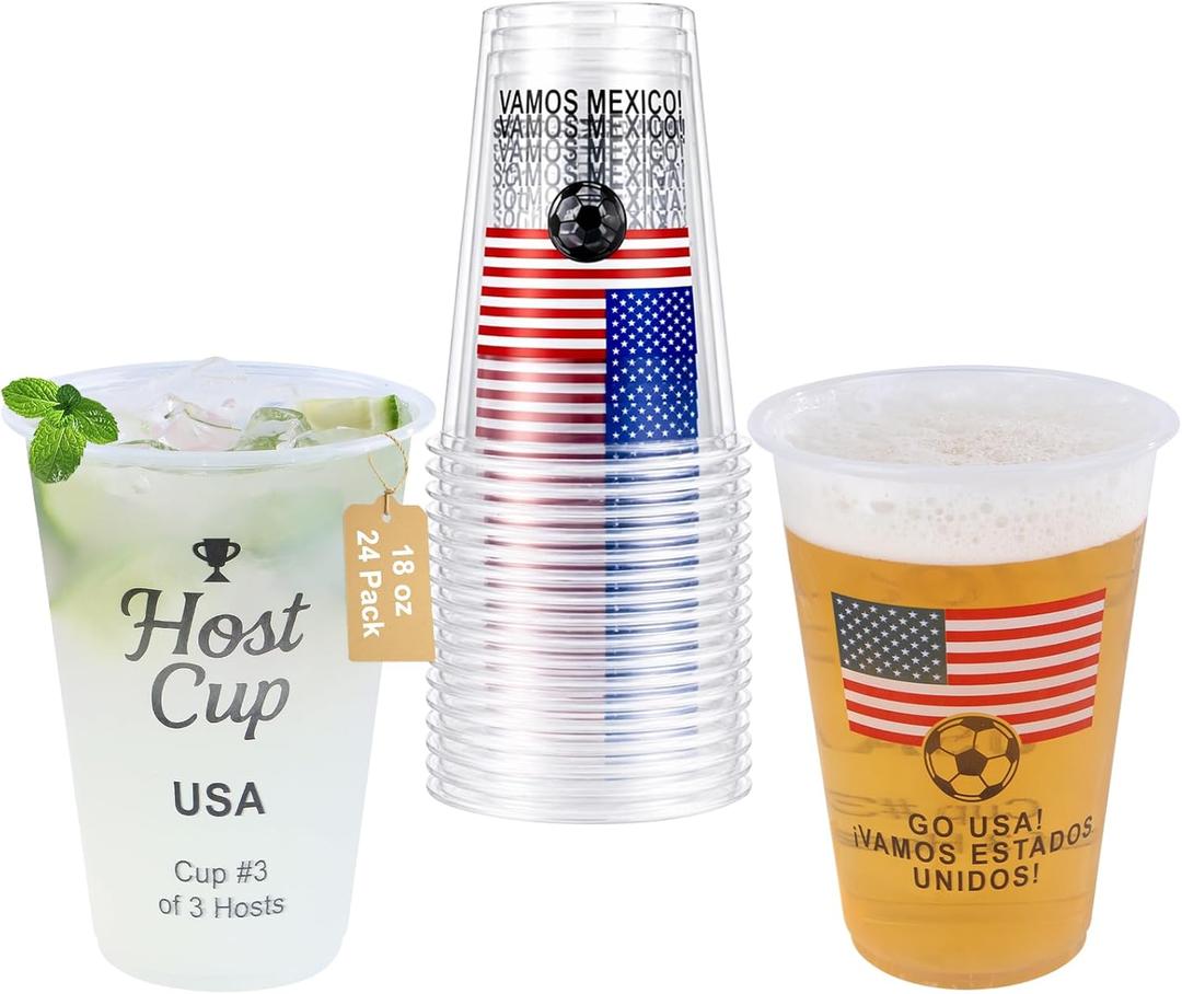 18 oz Host Cup Celebrating World Soccer Tournament Host USA, 24-Count Clear Disposable Plastic Party Cups, National Flag Themed for Fan Event Decorations Game-Day Festival, COME ON USA 2026