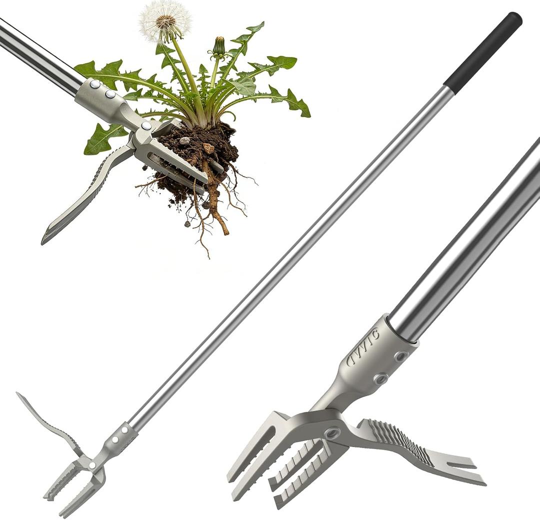 Manual Weed Puller Tool, 47" One-Piece No Assembly Stainless Steel Weeder with Long Handle, Stand Up Heavy Duty Hand Weeding Tool for Garden Lawn Patio Yard Dandelion Root Removal