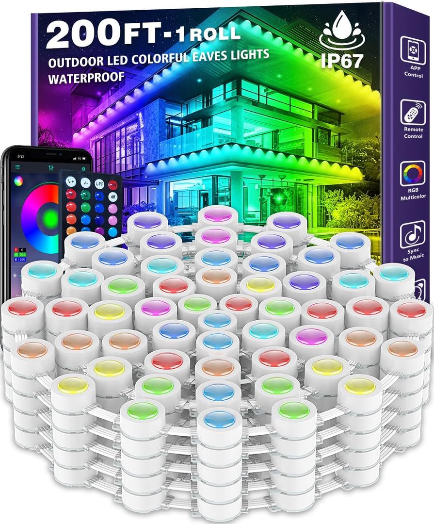Permanent Outdoor RGB Lights, Waterproof Smart LED Eaves Lights with App/ Remote Control, for Christmas and All Holiday Decor, Daily and Accent Lighting, House Roof and Garden Lighting (200FT)