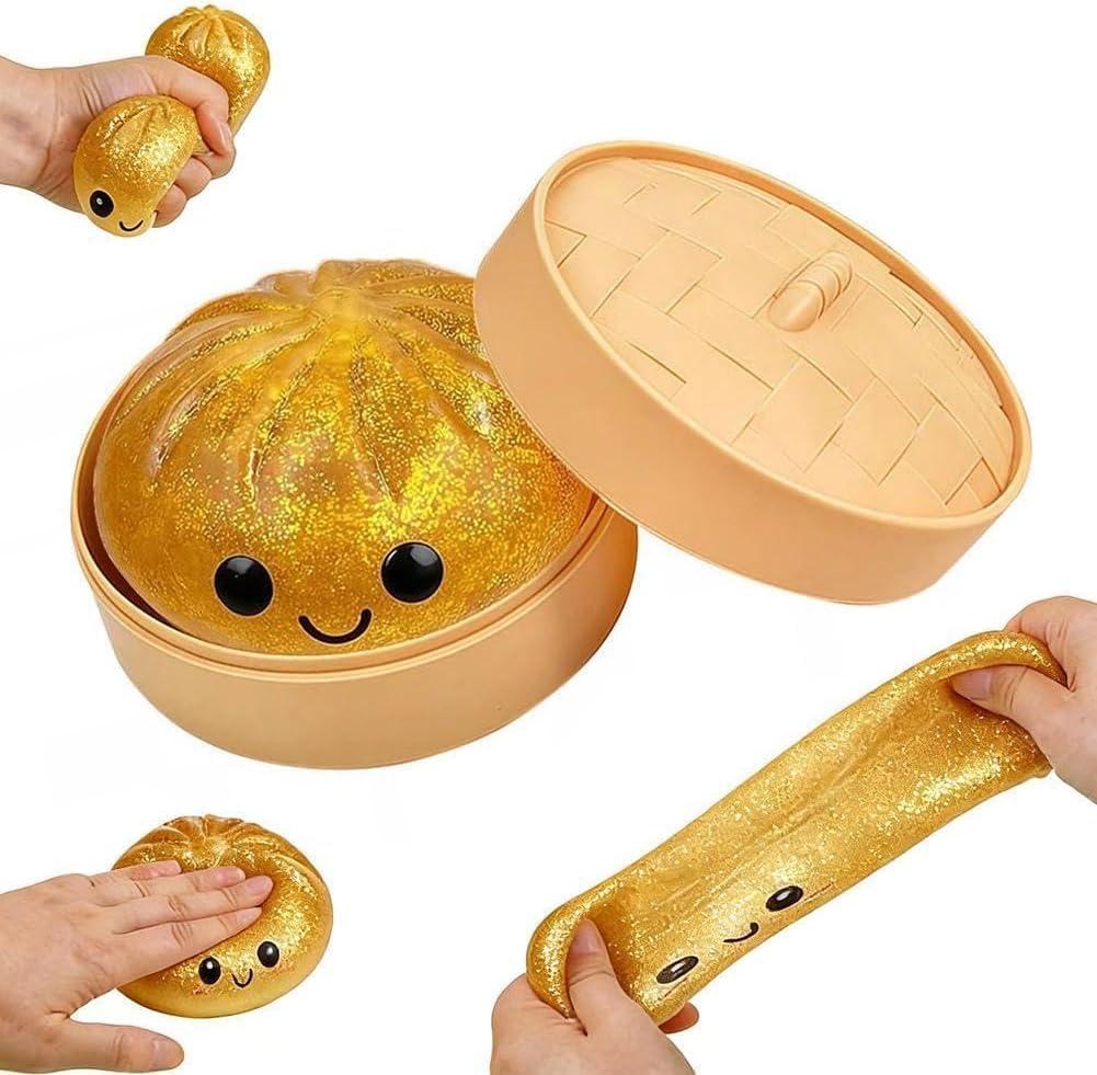 Dumpling Squishies, Glitter Dumpling, Glitter Dumplings Squishy with Box, Dumplings Sensory Squeeze Toy for Stress Relief Stretchy Desk Toys (Gold)
