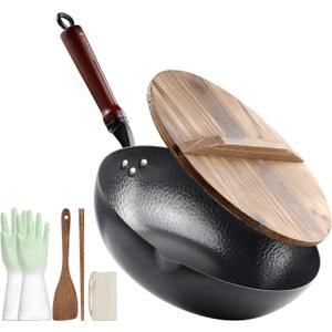 Wok Pan 12.5", Stir Fry Pan with Lid, Gloves & Cookware Accessories, Carbon Steel, Suitable for All Stoves (Flat Bottom)