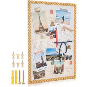 Maitys Bead Pinboard Framed Linen Bulletin Board, Gold, 20 x 30 Inch