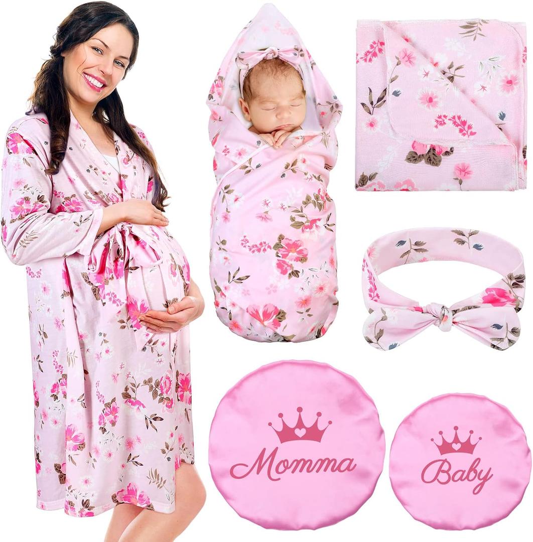 Mepase 5 Pcs Mommy and Me Hospital Matching Outfits Maternity Robe Swaddle Blanket Baby Girl Boys Headband Hat for Mom Baby (Light Pink)