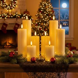 Retisee 8 Pcs Christmas LED Flameless Pillar Candles with Remote Battery Operated 3D Wick Flickering Fireplace Candle Indoor Decoration for Fall Christmas Winter, Ivory (4, 6, 8, and 10 Inches)