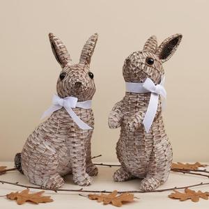 SafeSir Rattan Effect Resin Easter Bunny Figurines Decor 2 PCS Wicker Looking Rabbit Decorations with Bow for Spring Table Centerpieces Indoor Farmhouse Home Decor(Large Rattan)