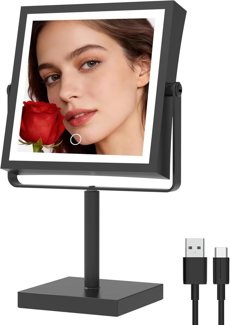 Ruacq Makeup Mirror with Lights, 4000mAh Rechargeable Magnifying Mirror with Light, 1X/10X, Height Adjustable Bathroom Vanity Mirror, 3 Colors, Adjustable Brightness (Matte Black)