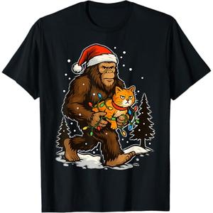 Christmas Bigfoot with Cat and Lights Santa Hat Funny Xmas TShirt XL