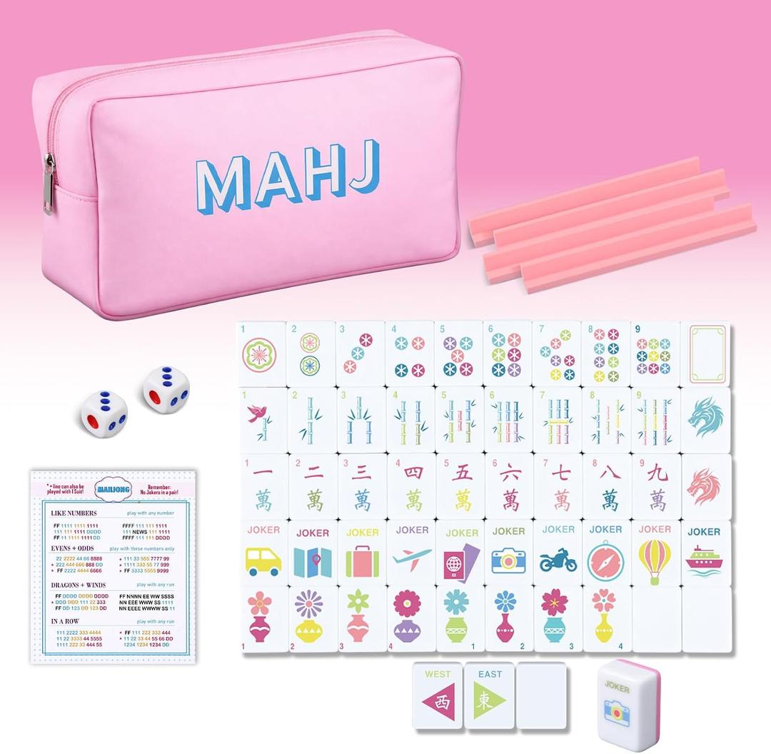 Soulchen Mini American Mahjong Tile Set Include 160 0.8 Inch Mahjong Tiles 2 Dice 4 Wooden Rulers 1 Accessory Bag 4 Beginner Rule Cards(Stylish)
