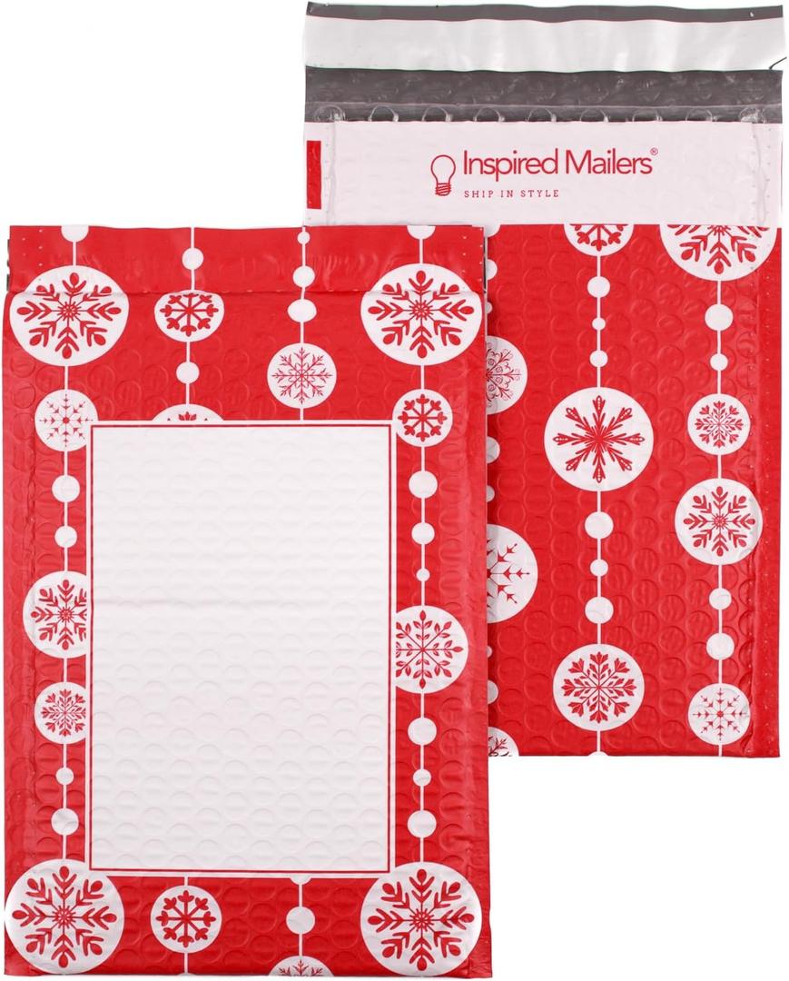Bubble Mailers 6x9" - Red Snowflake Baubles with Writable Area - 25 Pack - Holiday Poly Padded Envelopes and Bubble Shipping Mailers