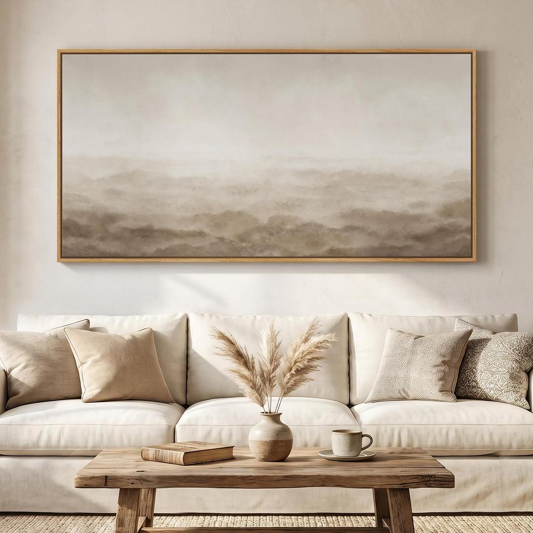 Large Framed Neutral Beige Brown Abstract Wall Art for Living Room 60x30 In