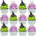 Geelin 12 Pcs Witch Hat and Crown Cake Topper Halloween Cupcake Toppers Dessert Food Safe Cake Decorations for Halloween Princess Theme Birthday Party Favors Supplies