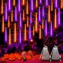 2-Pack Halloween Lights Outdoor, Extendable Meteor Shower Lights 16 Tubes 384 LEDs Indoor Outdoor, Waterproof Falling Rain String Lights with Timer for Halloween Tree Roof Decor(Orange and Purple)
