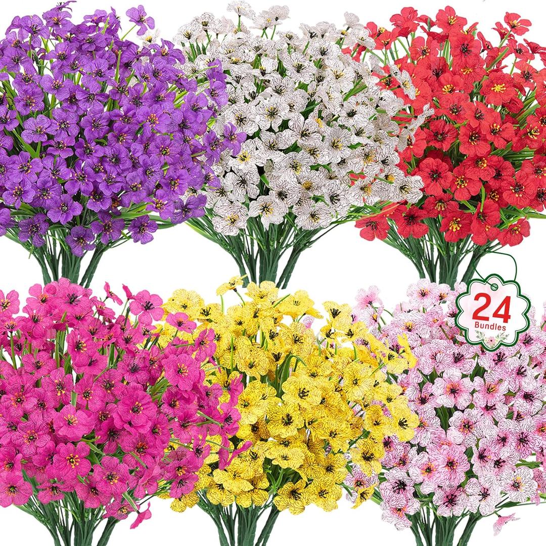 Roberly 24 Bundles Artificial Flowers for Outdoors UV Resistant Silk Fake Flowers Faux Plastic Plants for Porch Garden Window Box Indoor Outdoor Spring Summer Home Farmhouse Decor, Multicolor