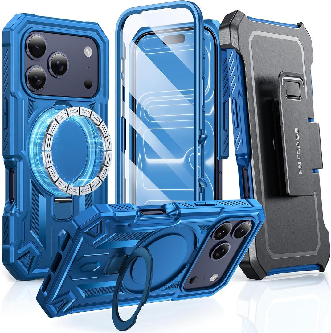 FNTCASE for iPhone 17 Pro-Max Case: with Kickstand [Built-in Screen Protector & Belt Clip] [Compatible with MagSafe] Military Grade Shockproof Rugged Hard TPU Magnetic Phone Cover Blue