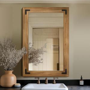 Bathroom Mirror for Wall with Wooden Frame, 36"x24" Solid Wood Vanity Mirror for Farmhouse, Bathroom, Bedroom Decor, Vertical or Horizontal Hanging