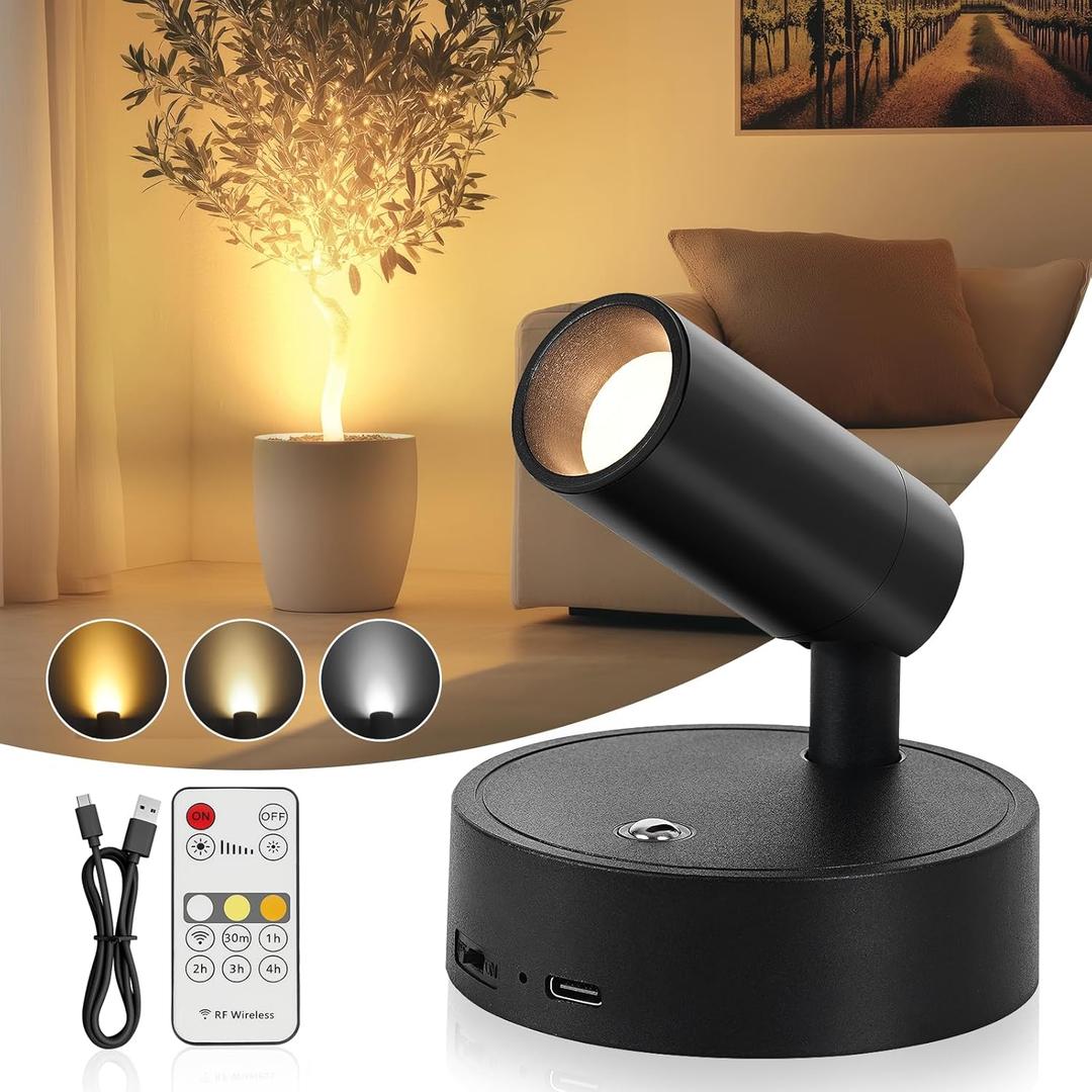 Spotlight Indoor, Wireless Battery Operated with Remote,Uplight Indoor Down Light for Picture on Wall, Plant Spotlight Dimmable Timer, Mini Ceiling Lights Painting for Trees Plant (Black)