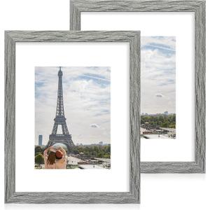 Hongkee 11x14 Picture Frame Set of 2, Made of Glass and Rustic Grey Wooden Frame, Display 8x10 Pictures with Mat or 11 x 14 Posters without Mat for Wall Mounting, Gallery Photo Frames
