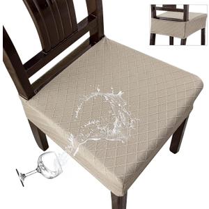 Genina Waterproof Seat Covers for Chairs,Set of 6 Dining Room Chair Seat Covers for Kitchen,Stretch Jacquard Removable Washable Dining Chair Slipcovers Protectors,No Rear Covers, Taupe