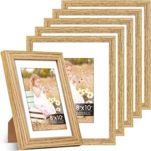 8x10 Picture Frame Set of 6 with Shatter-Resistant HD Plexiglass - Use as 5x7 Frame with Mat or Display 8x10 Photo Without Mat - Thin Border Picture Frames for Tabletop Display