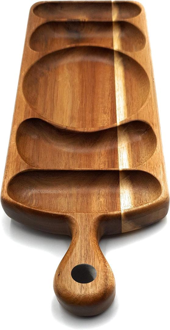 Acacia Wood Serving Platter 17.5 x 6 Long with Grooves & Handle. Luxury Snack Paddle Large XL Reversible Tray for Dinner Parties Chips Dips Crudits Cheese Charcuterie Gift (Long Rectangle)